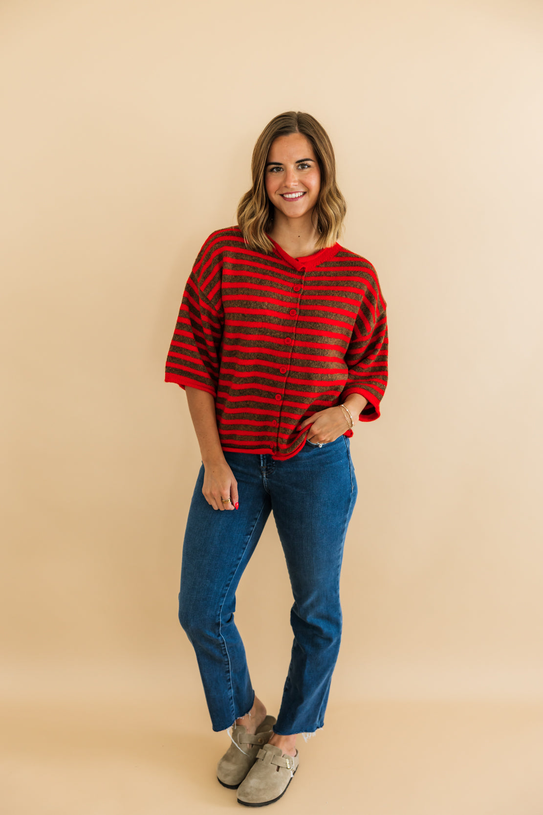 Kelsey Striped Quarter Sleeve Cardi | Red Camel