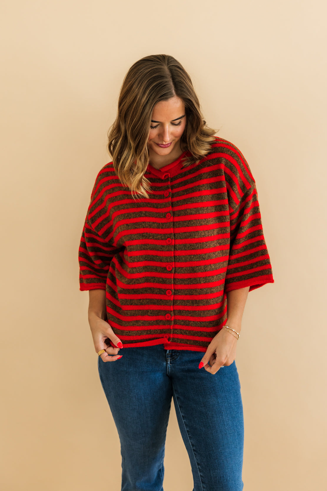 Kelsey Striped Quarter Sleeve Cardi | Red Camel