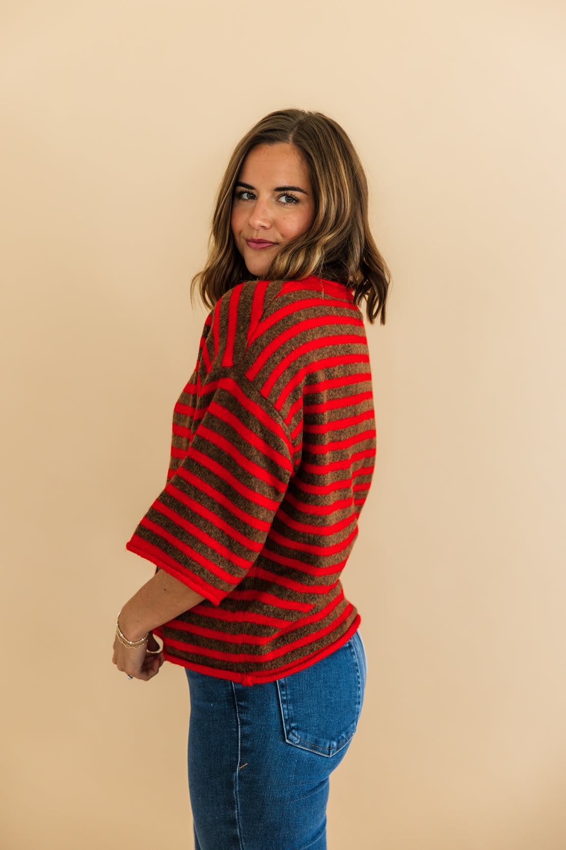 Kelsey Striped Quarter Sleeve Cardi | Red Camel