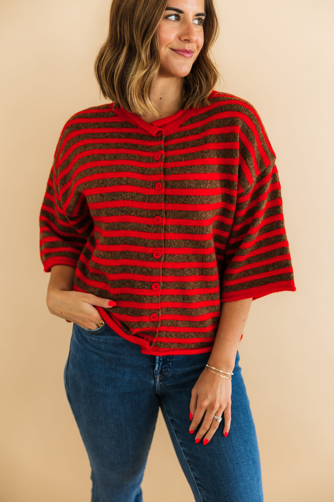 Kelsey Striped Quarter Sleeve Cardi | Red Camel