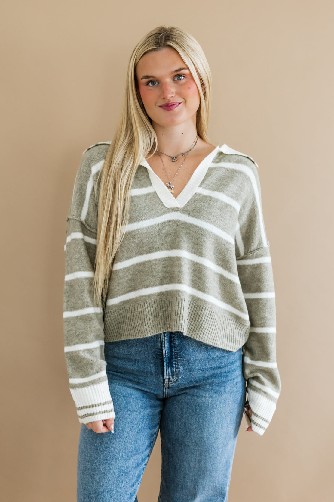 The Cheshire Striped Sweater | Light Olive