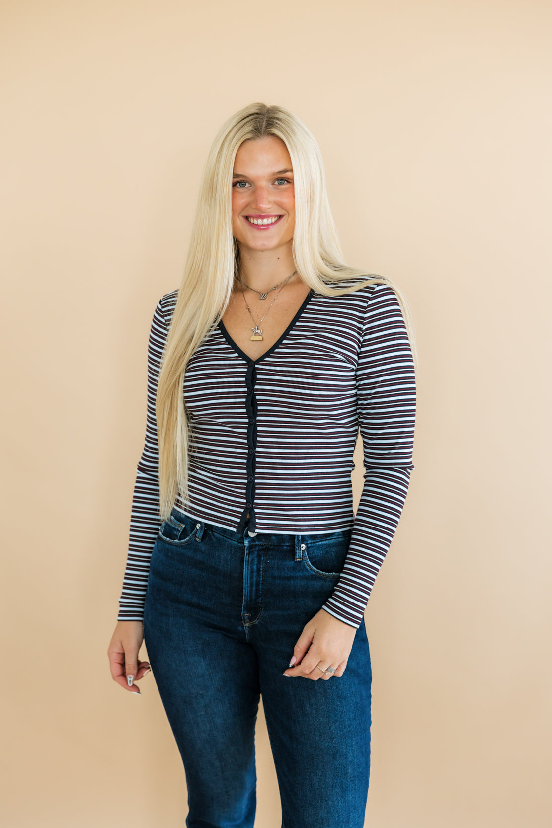 The Rib V-Neck Cardigian | Ivy Stripe