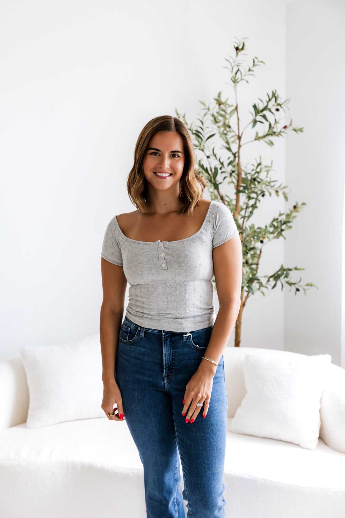 So Soft Pointelle Henley Top | Heather Grey