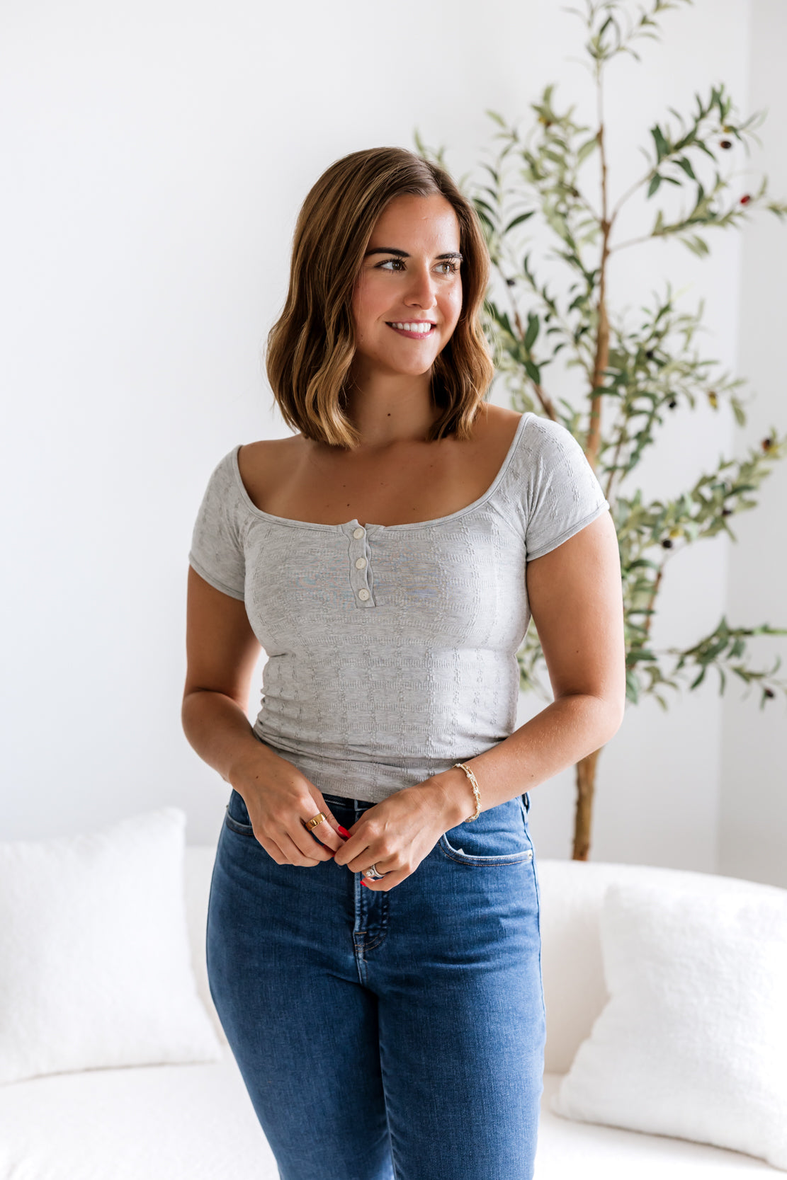 So Soft Pointelle Henley Top | Heather Grey