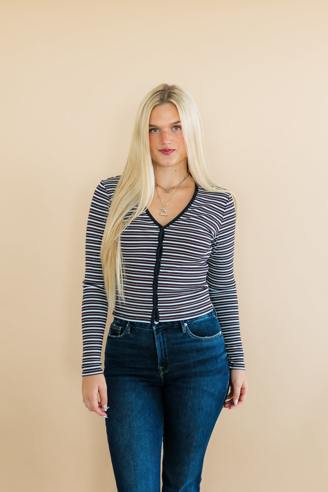The Rib V-Neck Cardigian | Ivy Stripe