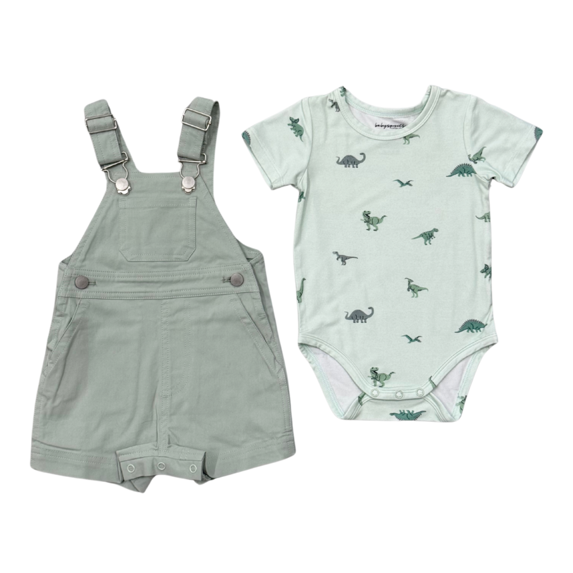 Babysprouts Cotton Overalls Set | Aqua Grey Dinosaur