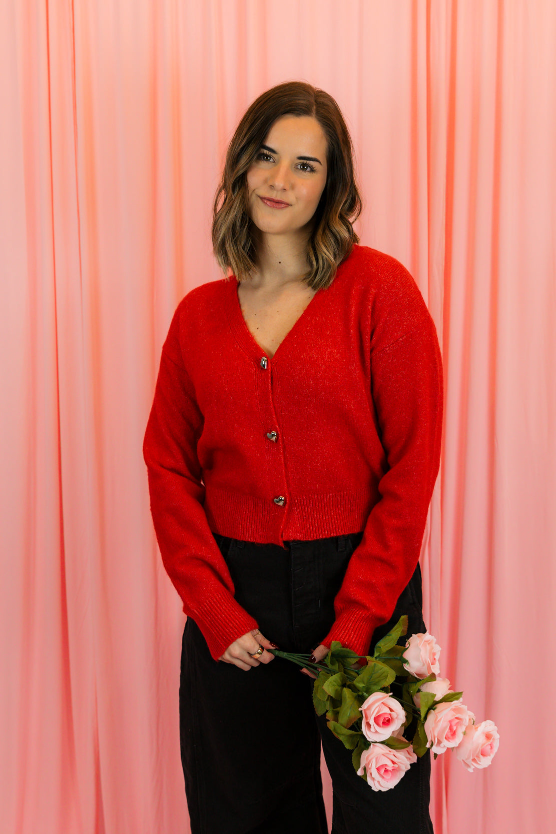 Heart Button Cardigan | Red
