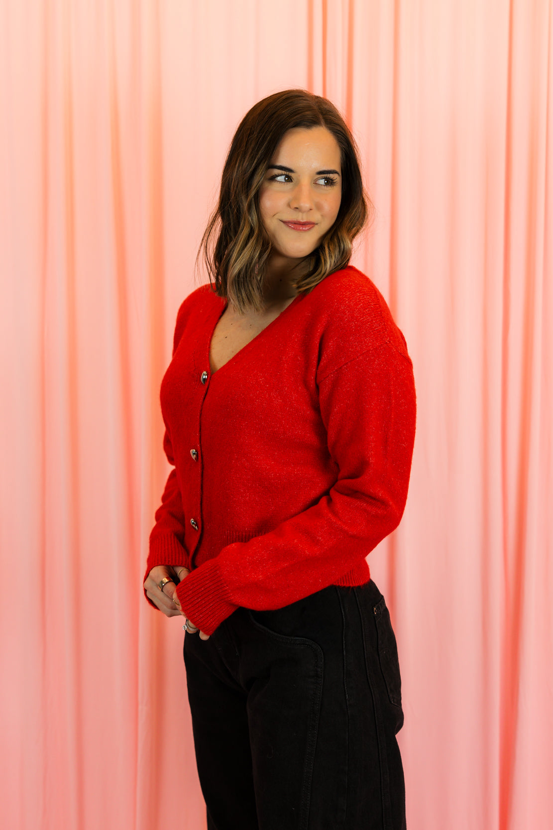 Heart Button Cardigan | Red