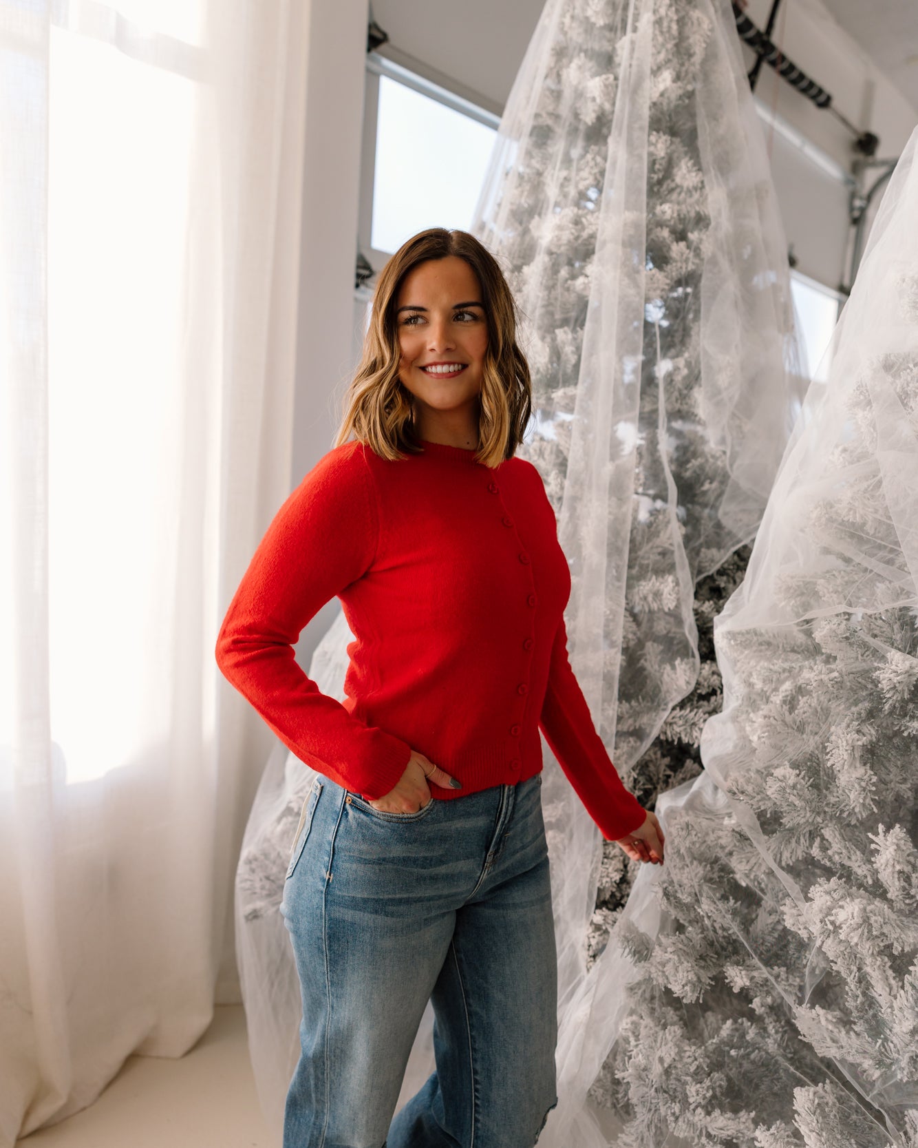 Amber Button Down Cardi | Bright Red