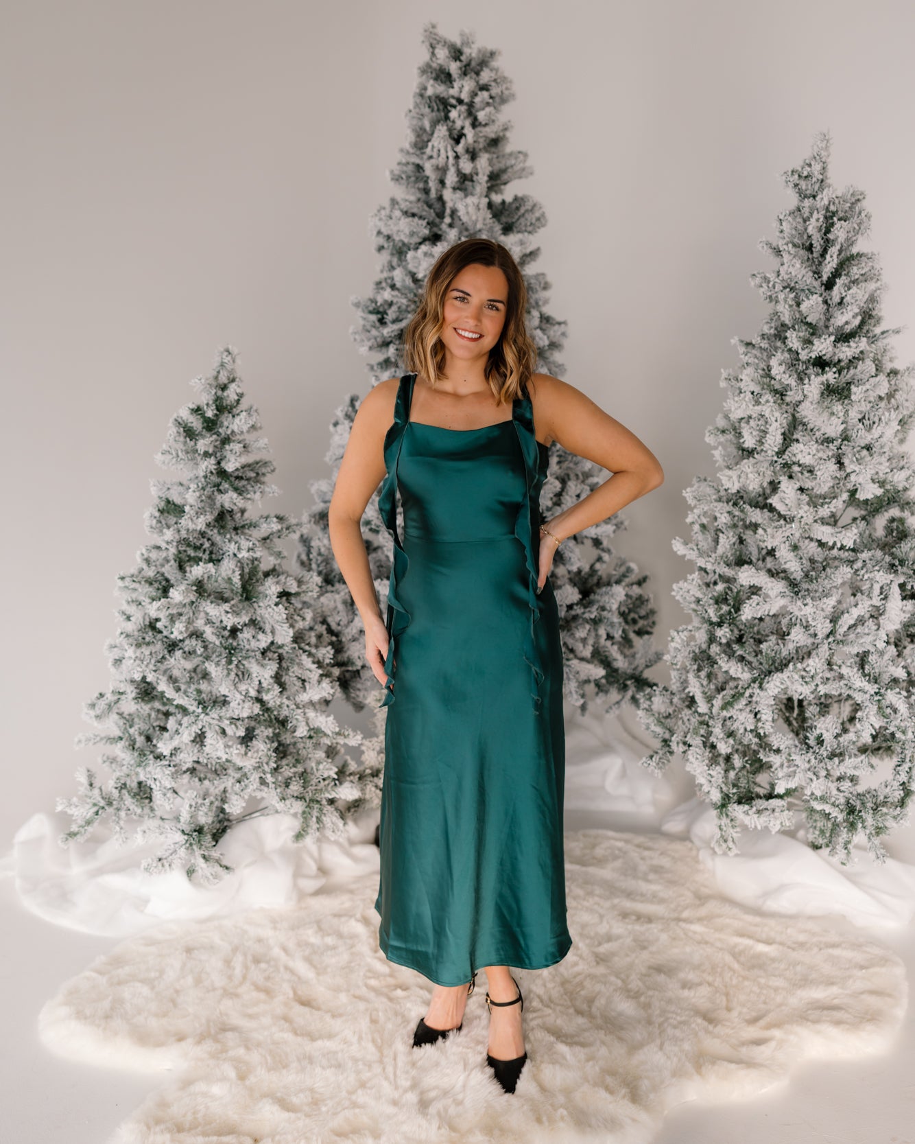 Wrenley Satin Ruffle Midi Dress | Hunter Green