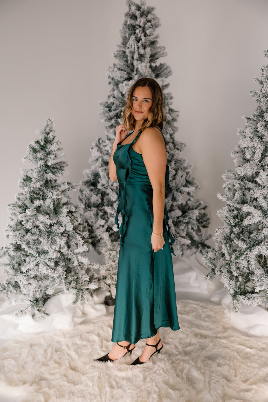 Wrenley Satin Ruffle Midi Dress | Hunter Green