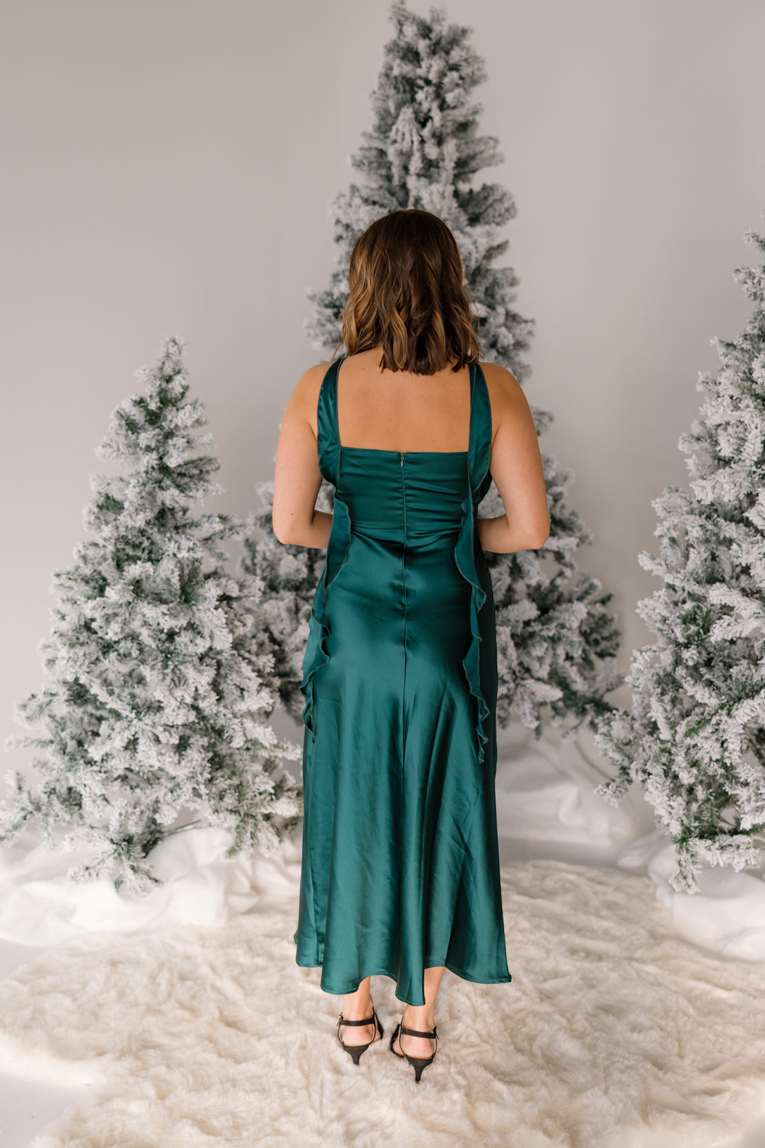 Wrenley Satin Ruffle Midi Dress | Hunter Green