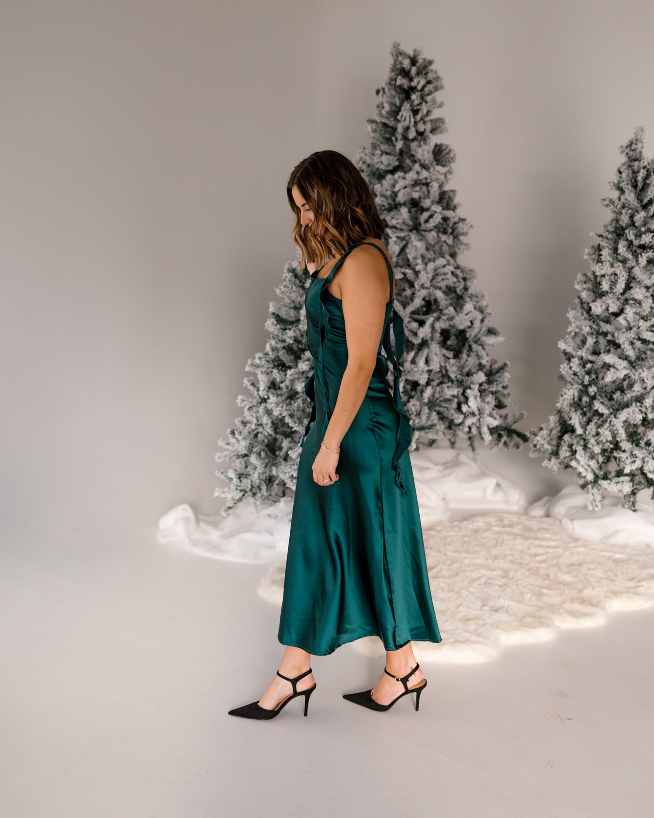 Wrenley Satin Ruffle Midi Dress | Hunter Green