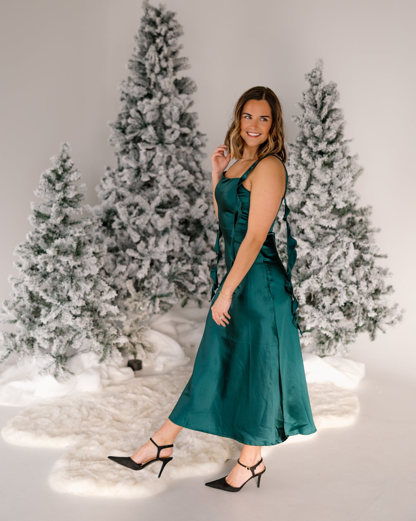 Wrenley Satin Ruffle Midi Dress | Hunter Green