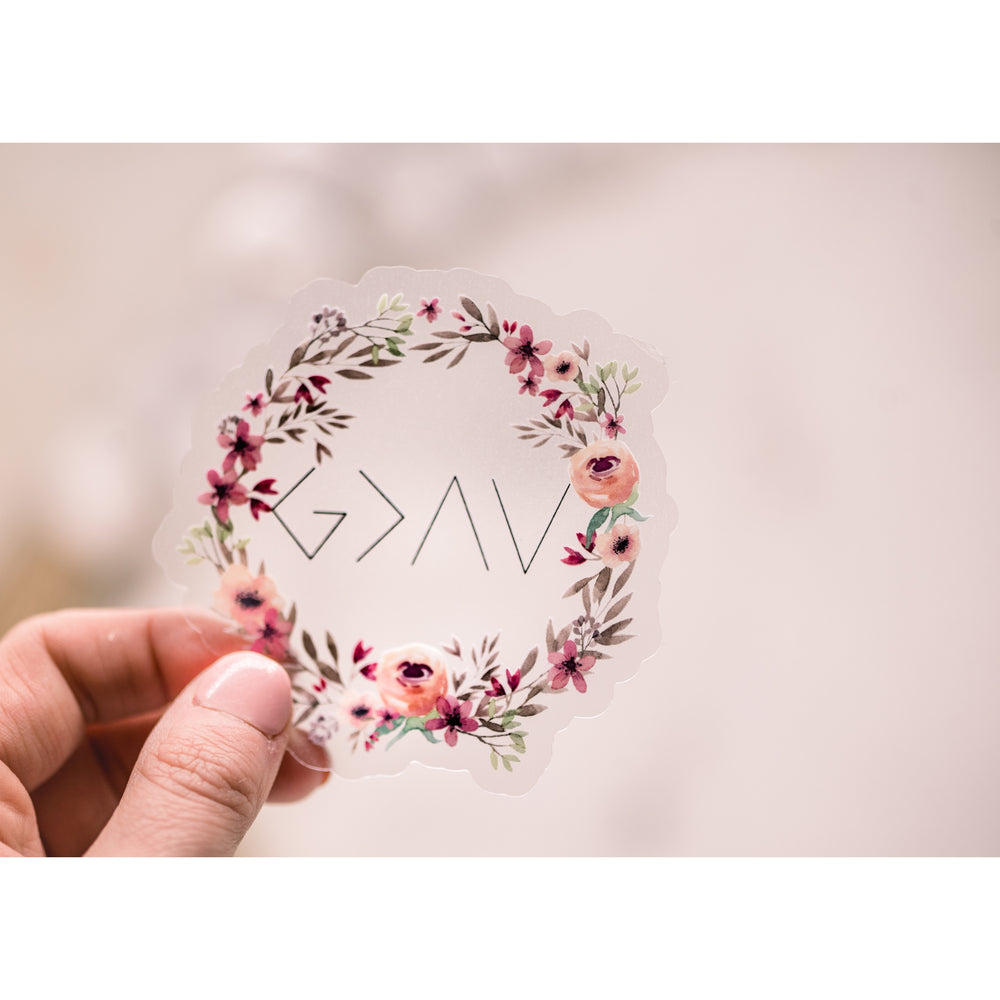 God Is Greater Floral Clear, Vinyl Sticker