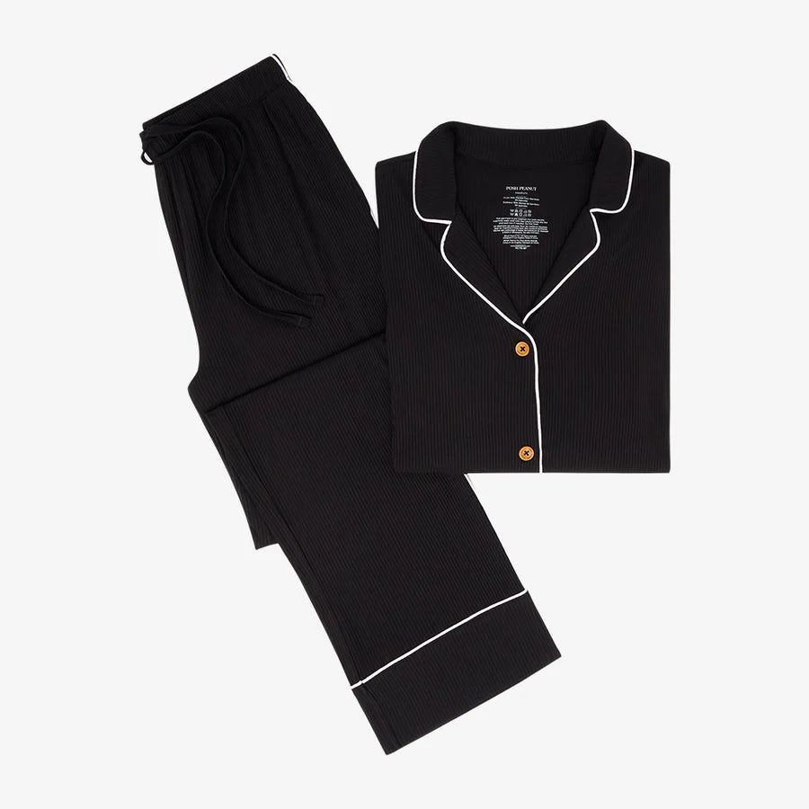 Posh Peanut Solid Ribbed Black Women's Long Sleeve & Relaxed Long Pajama Pants