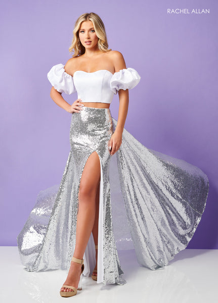silver top prom dress LaDivine CC475 Long Fitted Slit Formal Glitter Prom Dress